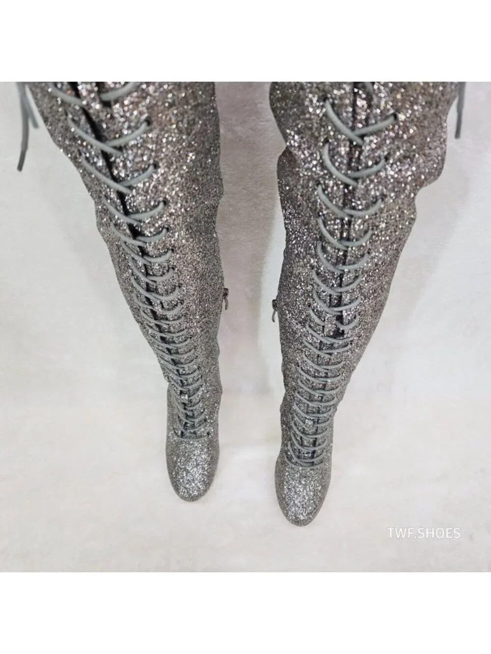Bulls Silver Glitter Lace Up OTK Platform High Heel Thigh Boot